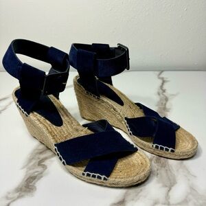 Vince Stefania Navy Blue Suede Straps Buckle Women’s Wedges Espadrille Sandals 8
